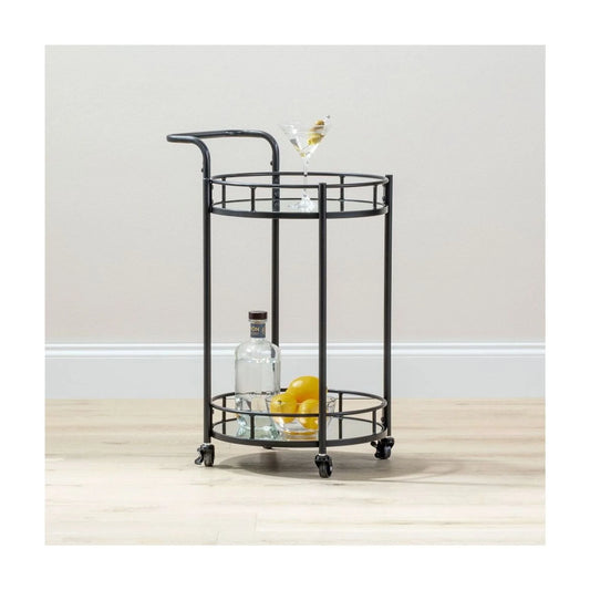 mDesign Metal Vintage Round Beverage Rolling Cart for Home - 2-Tier Serving Bar Trolley with Easy-Glide, Rotating Wheels, Built-in Handle, and Glass Shelves for Wine and Craft Beer - Black Round