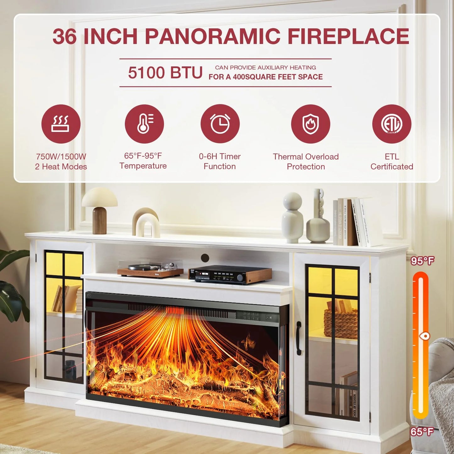 Easoger Fireplace TV Stand for TVs up to 65", 12 Flame Colors&12 LED Light Colors, TV Console with 3-Sided Glass Fireplace, for Living Room, Gray