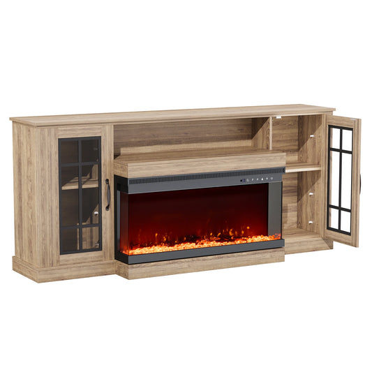 MELLCOM 70" 3 Sided Glass Fireplace TV Stand, Modern Media Console with Storage Side Cabinet, Fits TVs up to 80", Electric Fireplace TV StandWalnut Color