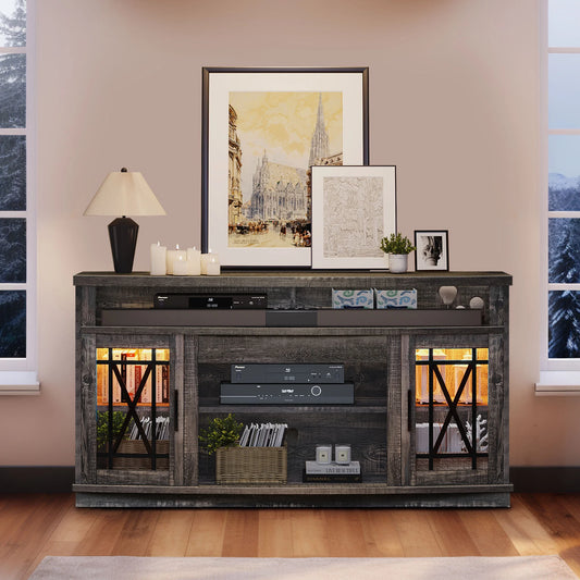 Dextrus TV Stand with LED Lights for TVs up to 70", Entertainment Center Media Console Cabinet with Glass Door, Rustic Gray