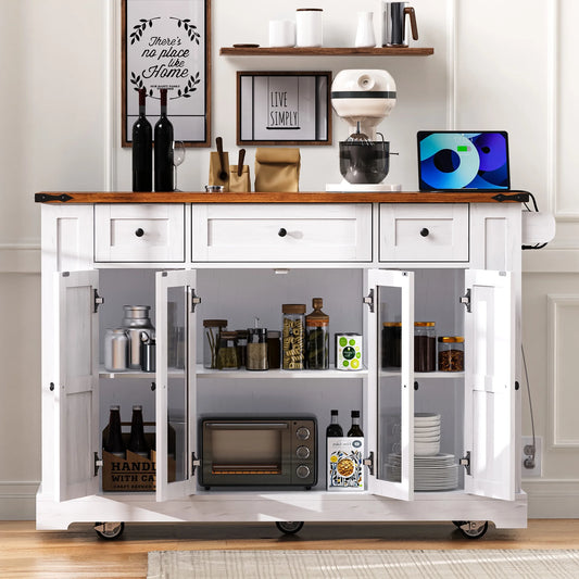 Euroco 53'' Farmhouse Kitchen Island with Two Tempered Glass Cabinet DoorsRolling Kitchen Cart on Wheels