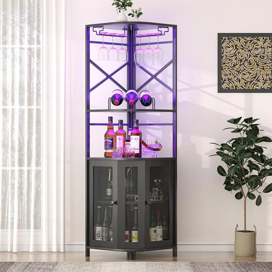 Frmobepts Corner Bar Cabinet with Power Outlet, Industrial Wine Cabinet with LED Strip and Glass Holder, 5-Tiers Liquor Cabinet Bar Unit for Home, Black