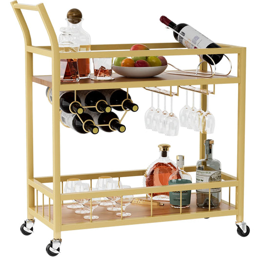 Vineego Bar Cart Home Industrial Mobile Bar Cart Serving Wine Cart on Wheels with Wine Rack and Glass Holder 2 Wood Storage Shelves for Living Room, Kitchen, Party (Gold)