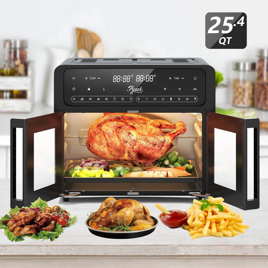 PwZzk 25.4QT Dual Zone Air Fryer Toaster Oven Combo, French Glass Door, XL Capacity, 100-430° F Temperature Range, 16 Preset Functions, LED Display, Dual Fan, 360° Heat Circulation, Rotisserie, Bake,
