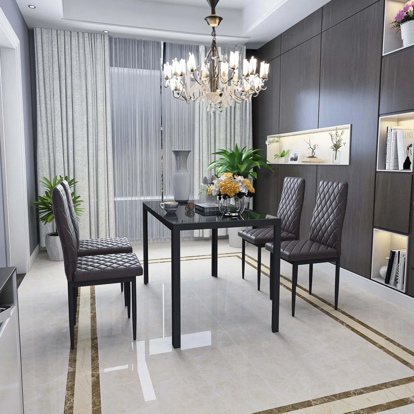 Aukfa 5-Piece Dining Table Set for Dining Room, Kitchen, Dinette, w/Glass Tabletop, 4 Faux Leather Metal Frame Chairs - Black