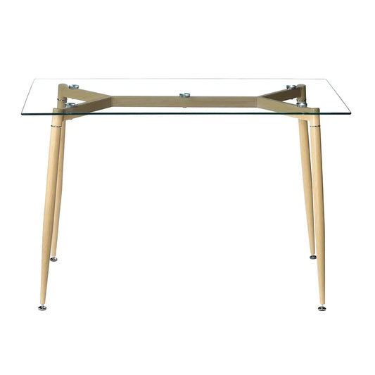 Modern Glass Dinner Table, 8MM Black Tempered Glass Sturdy Table Top, Dining Table Iron Tube Legs w/Wood Pattern, for Home, Kitchens, Dining Rooms, Cafes, Idea for Eating, Work or Play Games, S12700
