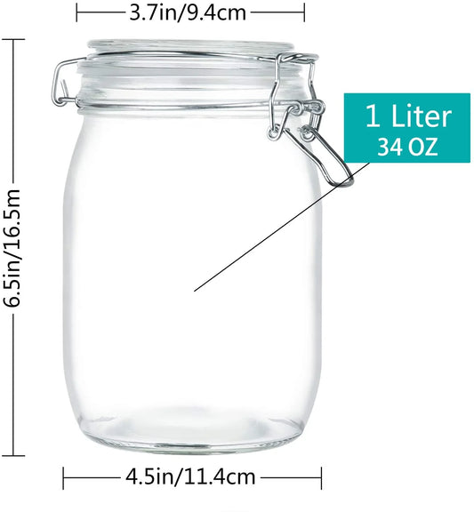 4 Pack Wide Mouth Mason Jars - 34 OZ Airtight Glass Canning Jars with Leak Proof Rubber Gasket and Clip Top Lids, Perfect for Storing Coffee, Sugar, Flour or Sweets