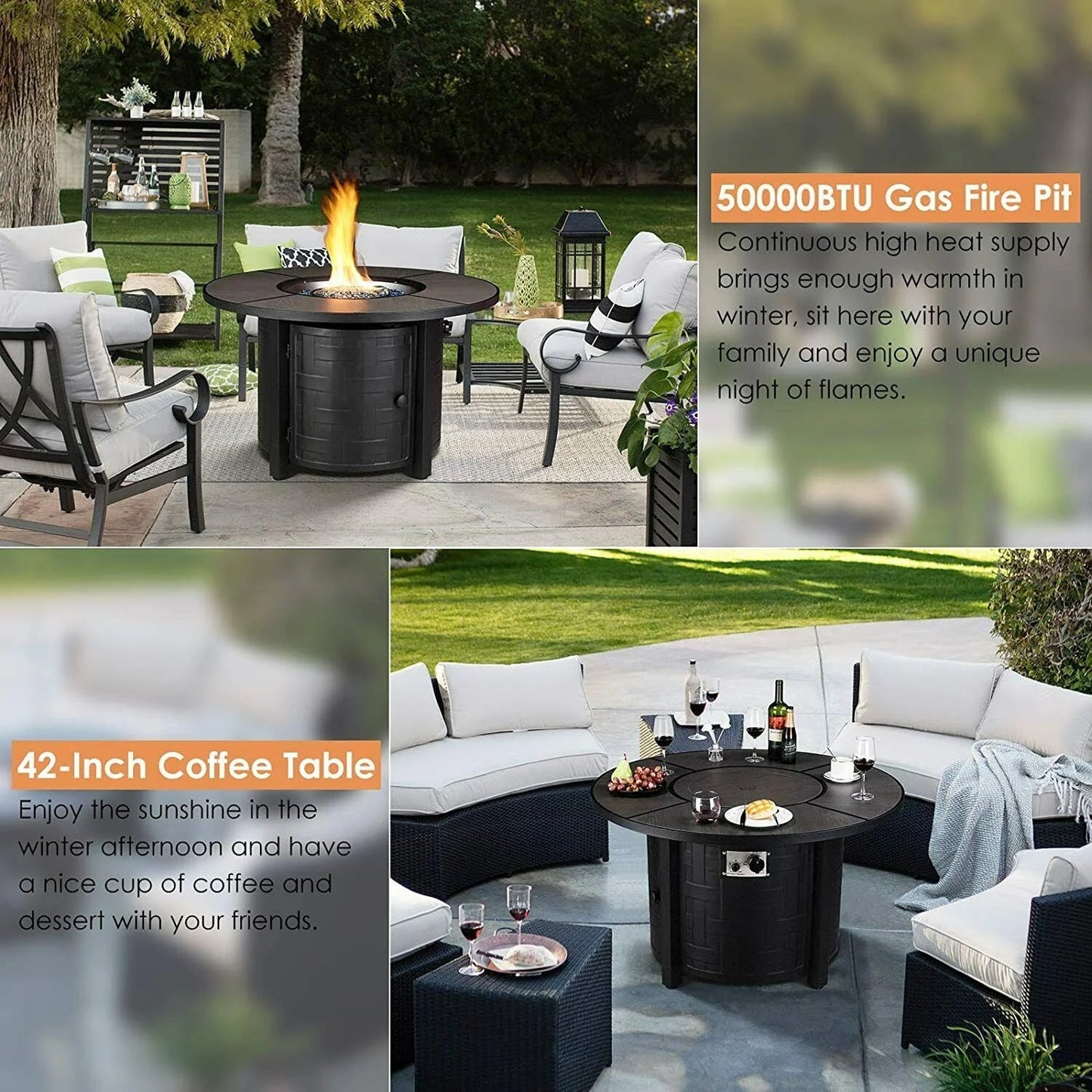 HOMFY 42" Propane Fire Pit Table 50,000 BTU Round Table Stove Patio Fireplace with Blue Glass Rocks and Rain Cover