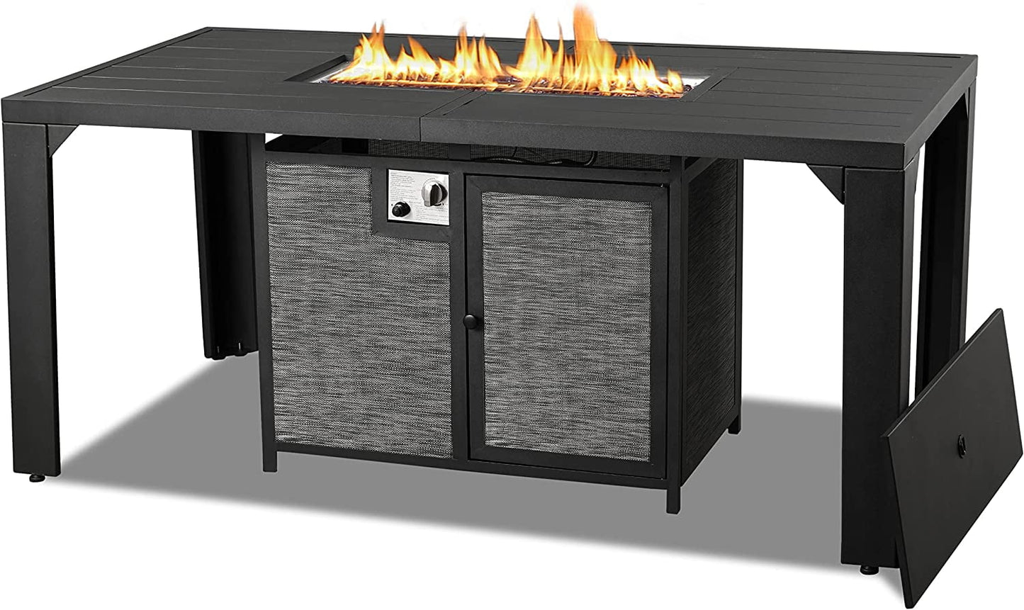 PIZZELLO Outdoor Rectangular Patio Fire Dining Table 62.5" for 6 with Fire Glass Bead, Black