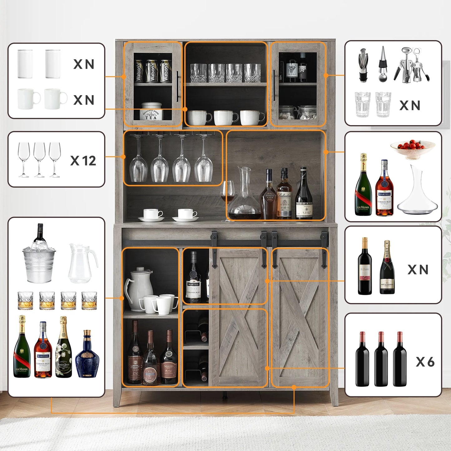 Farmhouse Bar Cabinet with Storage, Kitchen Buffet Cabinet with Sliding Barn Door and 3 Drawers, Coffee Bar with Wine and Glass Rack for Kitchen, Dining Room, White