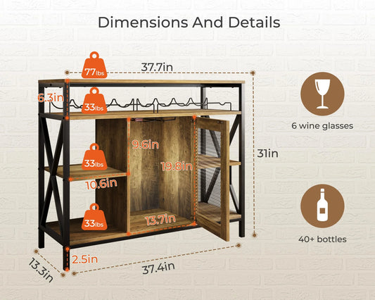 Vividwood Wine Bar Cabinet with Storage, Industrial Liquor Cabinet with Wine Rack & Glass Holder, Small Wood Metal Cart Bar Alcohol Table Sideboard Buffet for Home Kitchen Living Room, Oak