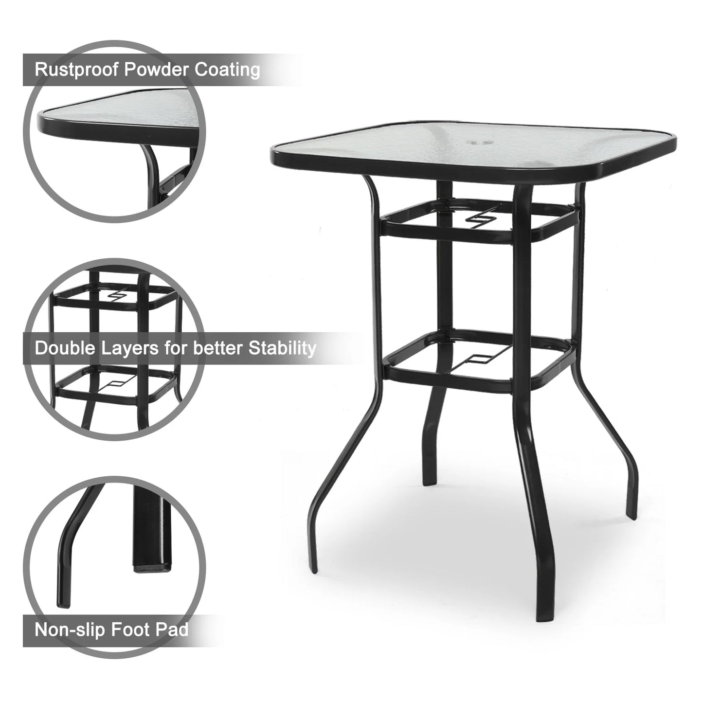 Ktaxon 31 Inch Patio Bar Table, Square Outdoor Bar Height Bistro Table with Tempered Glass Tabletop & Umbrella Hole, Outdoor Cocktail Table for Patio Yard Poolside, Brown