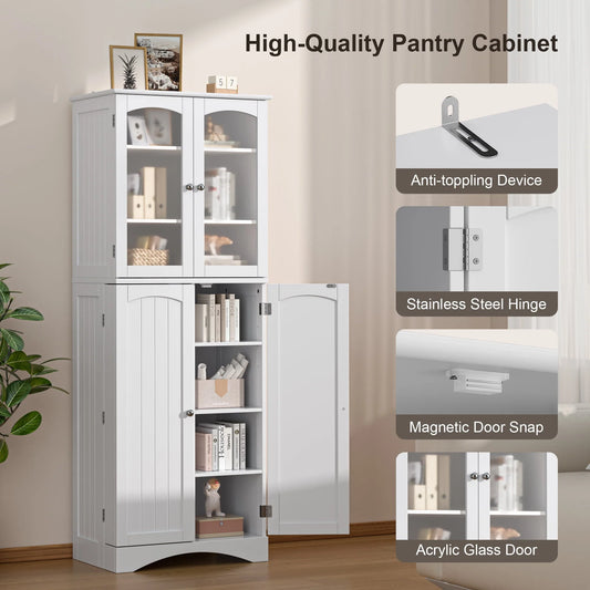 Lofka Kitchen Food Pantry Cabinet, 64" Tall Storage Cabinet with Frosted Glass Doors and Adjustable Shelves, White