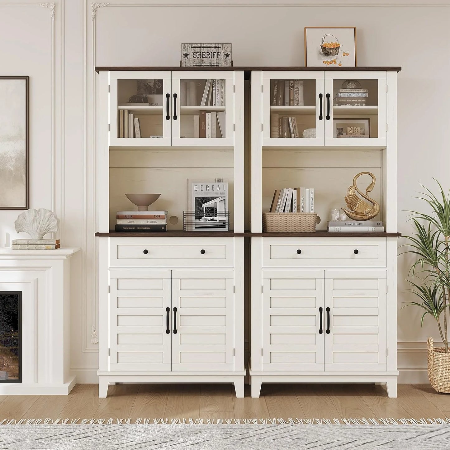 72" White Farmhouse Coffee Bar Cabinet with Storage Drawers & Glass Doors - Kitchen Storage Buffet for Dining Room, Beverage Organizer
