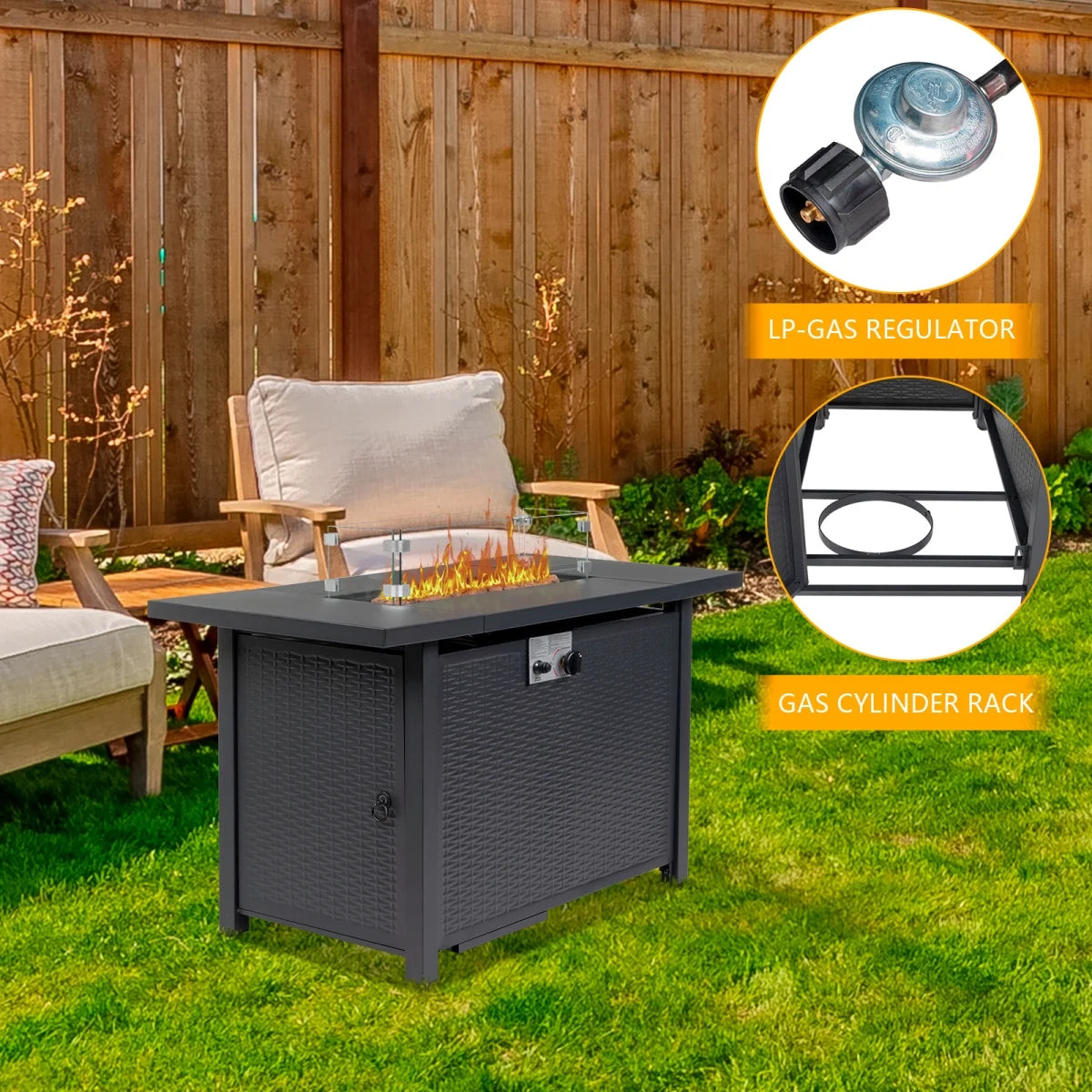 43 in Propane Fire Pit Table, 50,000 BTU Auto-Ignition Fire Pit Table, Gas Fire Pits for Outside with Glass Stone and Waterproof Cover, Grey Rattan, CSA Certification for Garden/Patio/Backyard