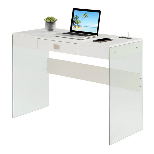 Convenience Concepts SoHo 30"H 42" W Glass Desk with Charging Station, White/Glass, All Ages