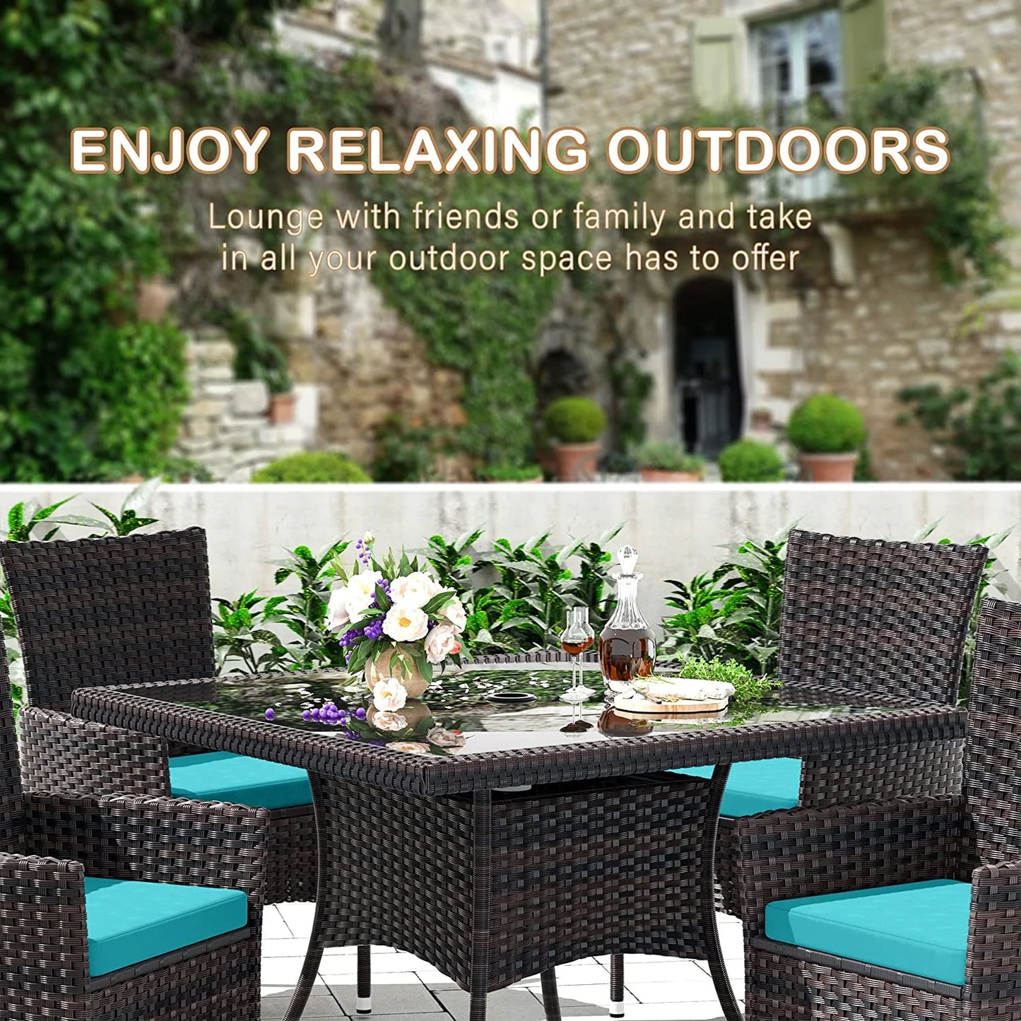 ALAULM 5 Pieces Patio Dining Set Outdoor Rattan Furniture with Square Glass Tabletop 4 Chairs with Cushions for Patio, Backyard Outdoor Kitchen Lawn & Garden Blue