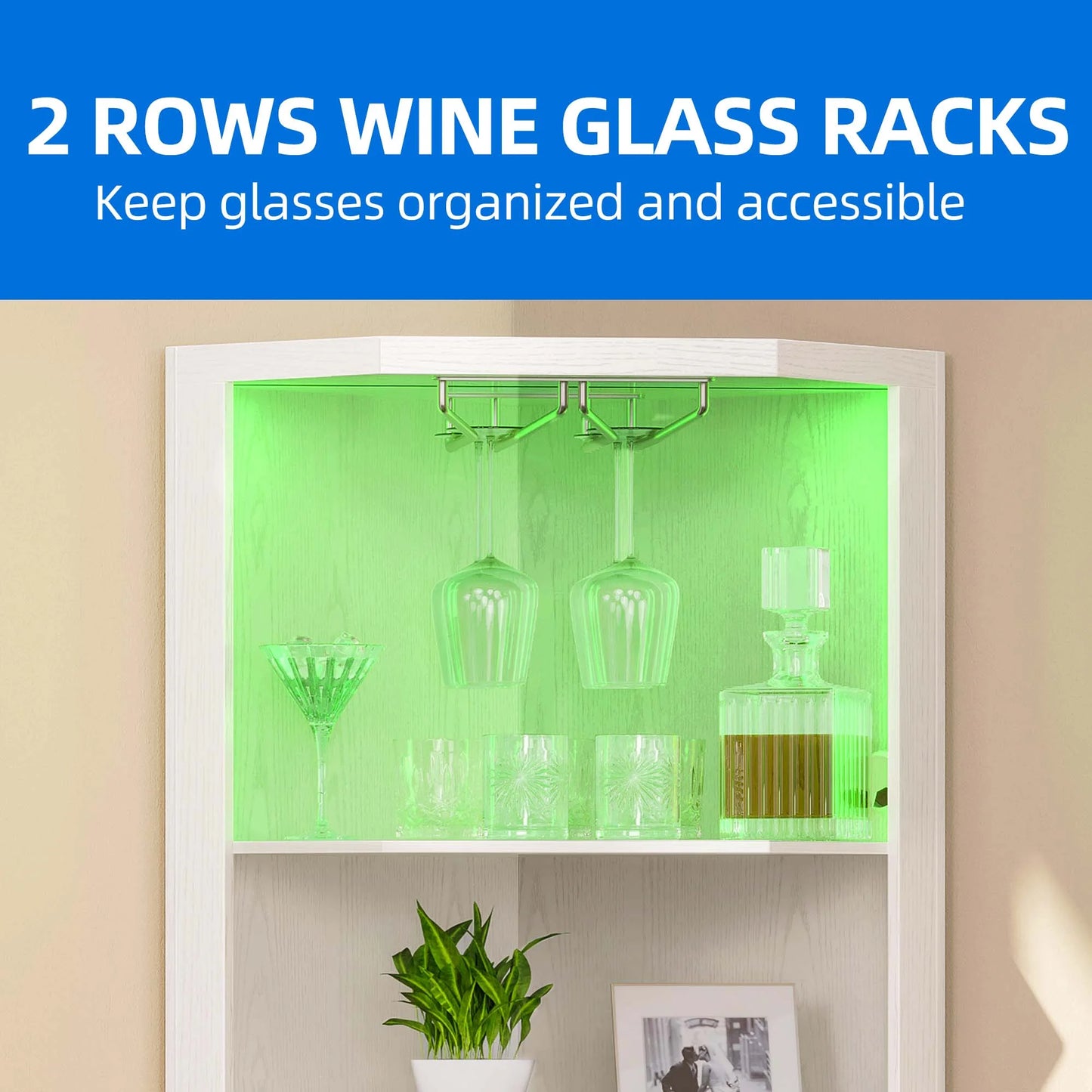 Dextrus 67" Corner Bar Cabinet with LED Lights, Wine Glass Holder & Storage Shelves, Black