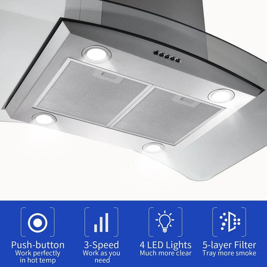 Tieasy Island Range Hood 36 inch Kitchen 3 Speed Extractor Fan Aluminum Filter Tempered Glass
