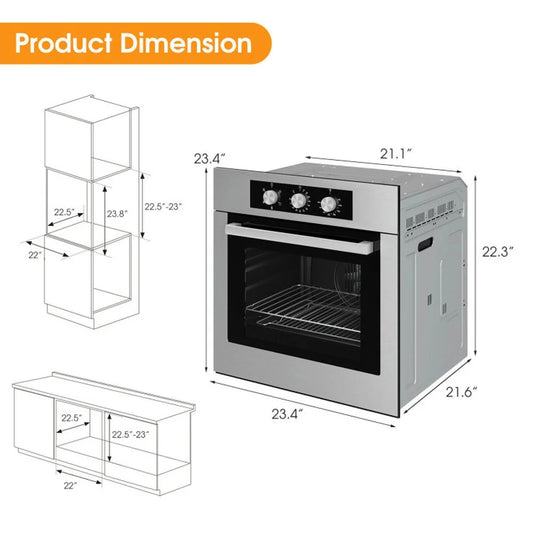 Canddidliike 24 Inch Single Wall Oven 2.47Cu.ft with 5 Cooking Modes and 360° Hot Air Circulation, Single Wall Oven, Well-made Built-in Oven with 3-layer Tempered Glass for Indoor, Silver