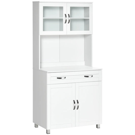 HOMCOM 67" Pantry Cabinet, Modern Kitchen Hutch, Freestanding Storage Cabinet with Glass Doors, Adjustable Shelves and Drawers, White