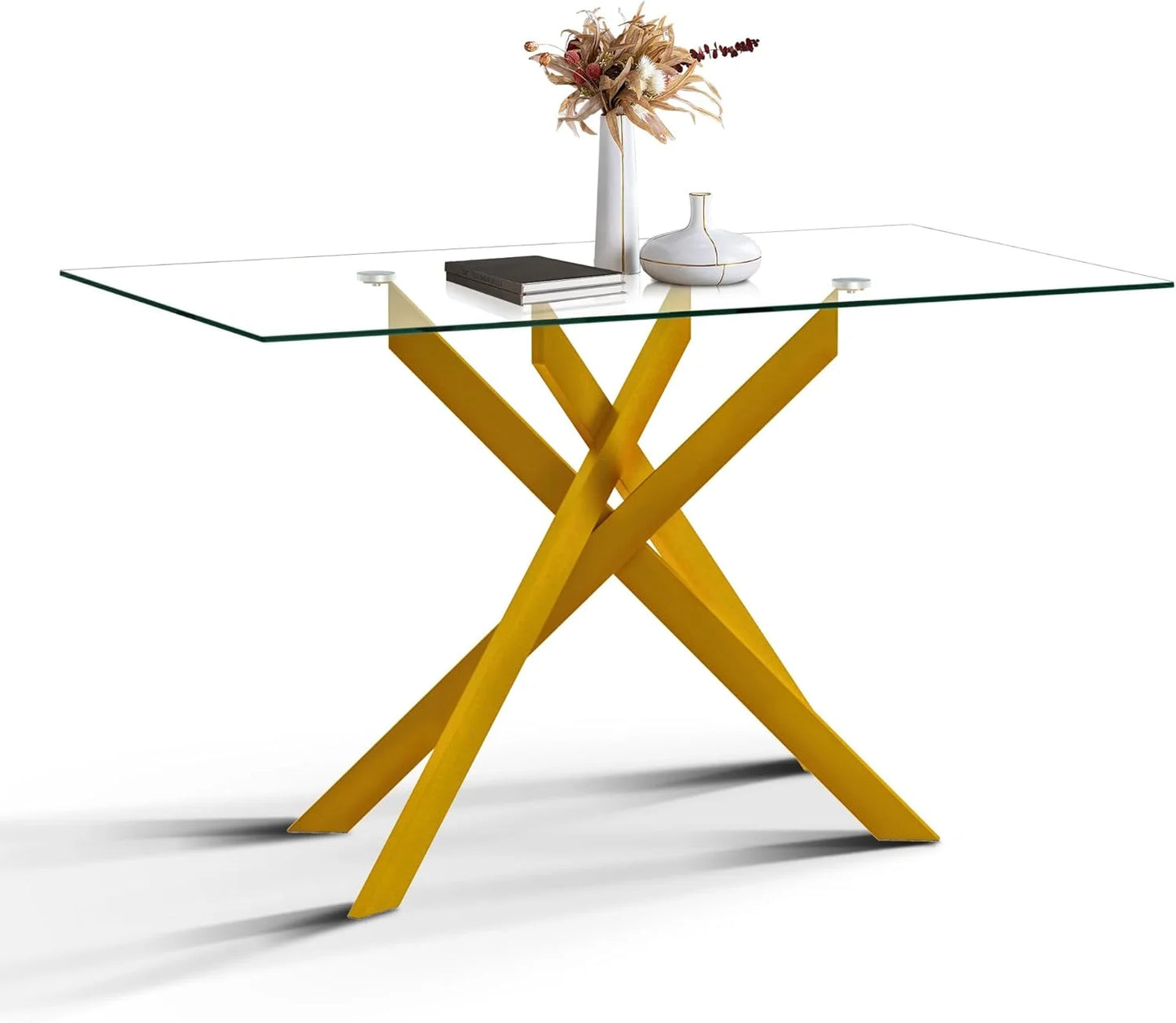 Glass Dining Table for 4 People, 51.2 Inches Rectangular Glass Kitchen Table with Golden Steel Legs, Modern Dining Room Table for Dinner Kitchen Dining Room