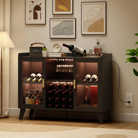 Ataucjin 47" Wine Bar Cabinet With LED Lights,Modern Liquor Cabinet With Wine Racks And Glass Holders,Home Coffee Bar Cabinet,Freestanding Kitchen Buffet Sideboard Storage Shelf For Living Dining Room