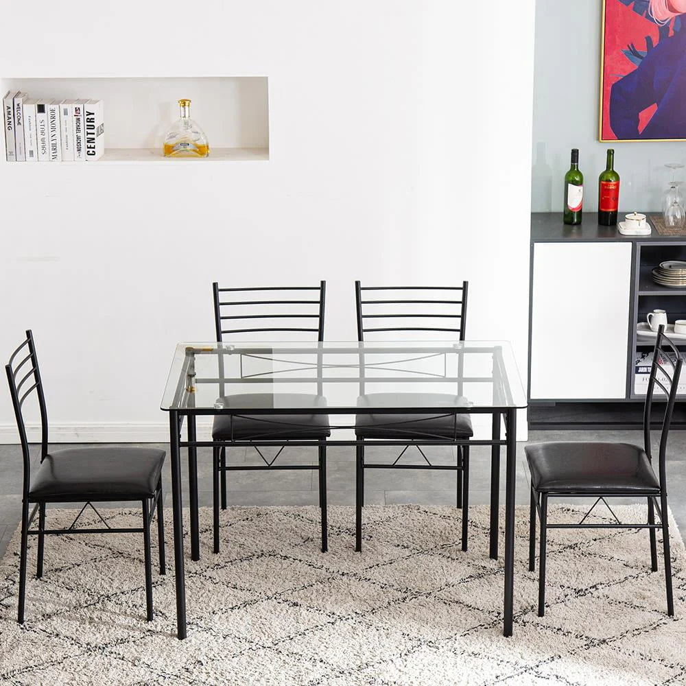 Zimtown 5 Pieces Dining Set Table with 4 Chairs Glass Diner Table with Metal Frame Kitchen Dining Room Furniture Black
