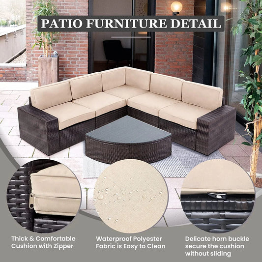 SOLAURA 6-Piece Patio Furniture Outdoor Conversation Set Patio All-Weather Wicker Sectional Sofa with Glass Coffee Table and Brown Cushions