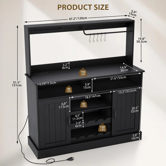 Ataucjin Farmhouse Coffee Bar Cabinet with Wine Rack,47''Coffee Bar Station with Power Outlet & Goblet Holder,Hutch Storage Cabinet with Glass Racks & 5 Hooks Sideboard Cabinets for Dining Living Room