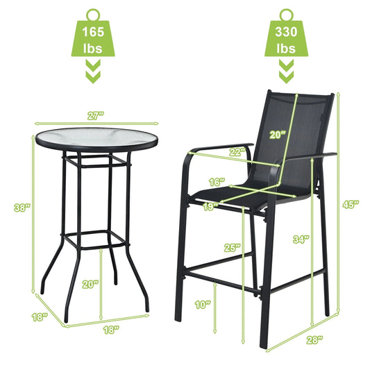 Gymax 3PCS Patio Bar Set Outdoor Bistro Set w/2 Stools & 1 Tempered Glass Table