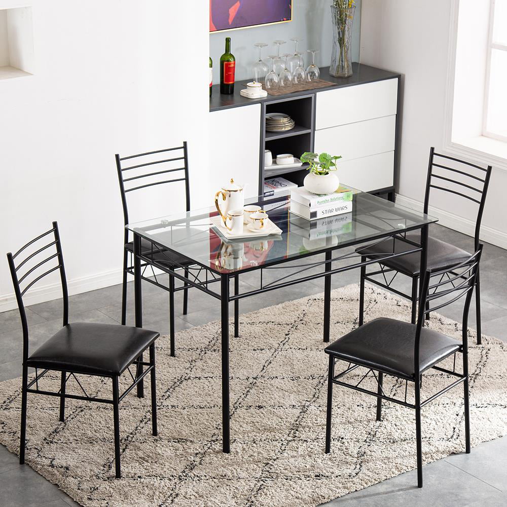 Ktaxon 5 Pcs Dining Set Glass Top Table and 4 Chairs Kitchen Room Furniture Black