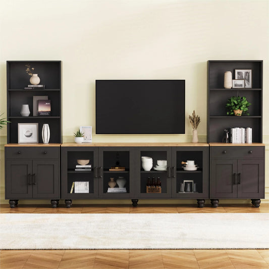 Euroco 110" Entertainment Center Wall Unit Set with Glass Display Cabinets, Adjustable Shelves & Vintage TV Stand for TVs up to 85", Farmhouse Style Media Console with Storage, Gourd Legs