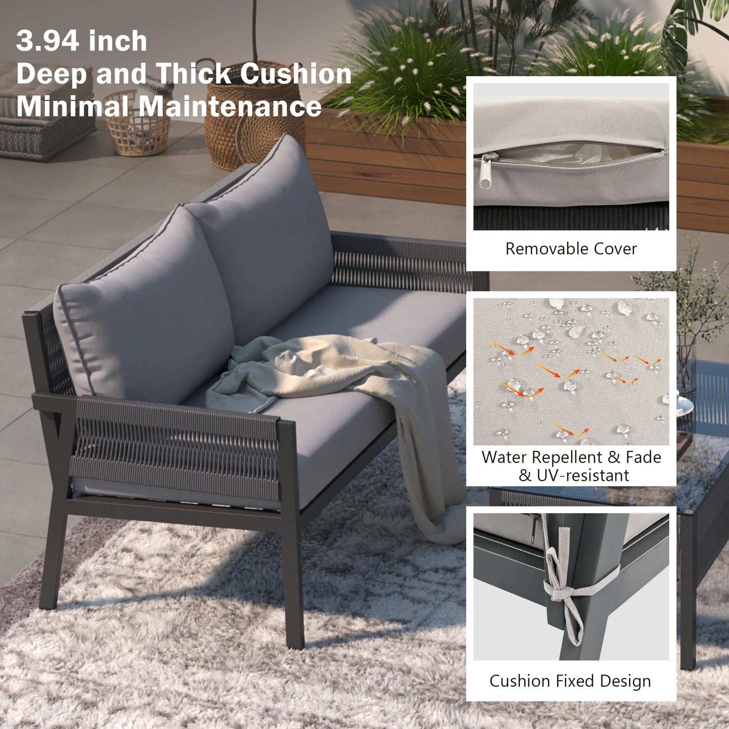 Segmart Wicker Patio Furniture Sets, 4-Piece Rope Patio Furniture Set with Tempered Glass Table, Outdoor Deep Seating Conversation Set with Thick Cushions for Backyard, Porch, Balcony
