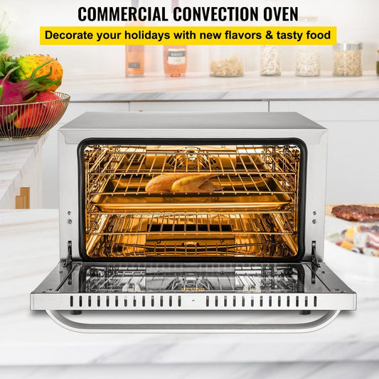 Commercial Convection Oven 47L/43Qt, Half-Size Electric Countertop Baking Oven, 1600W 4-Tier Toaster w/Front Glass Door, Wire Racks, Tray, Bread Clip & Gloves, 120V ETL Listed