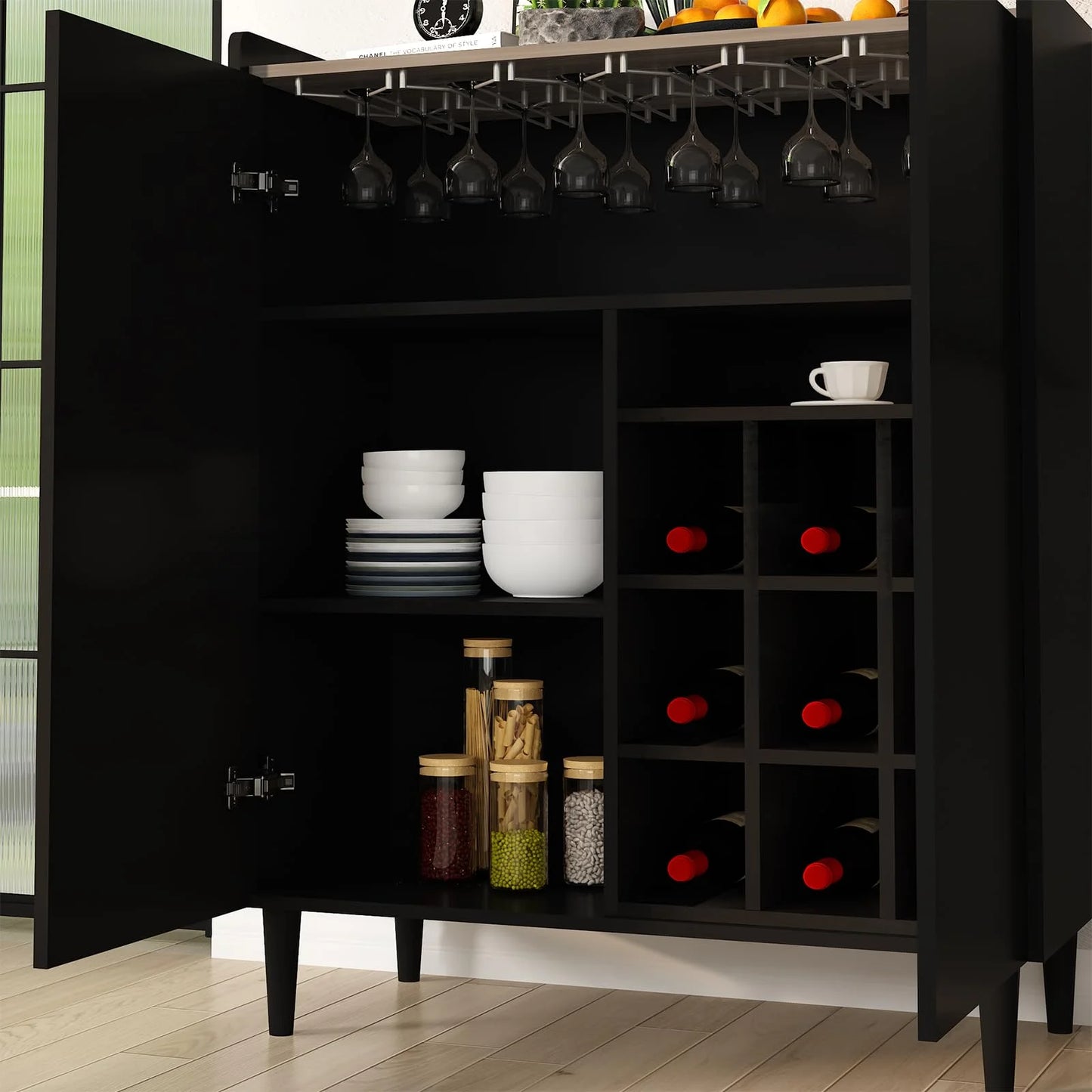 furlinkhm Wine Bar Cabinet, Industrial Bar Cabinets for Liquor and Glasses, 37" Kitchen Coffee Bar Cabinet Liquor Cabinet Bar for Home with Removable Wine Racks, Black