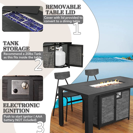 PIZZELLO Outdoor Rectangular Patio Fire Dining Table 62.5" for 6 with Fire Glass Bead, Black