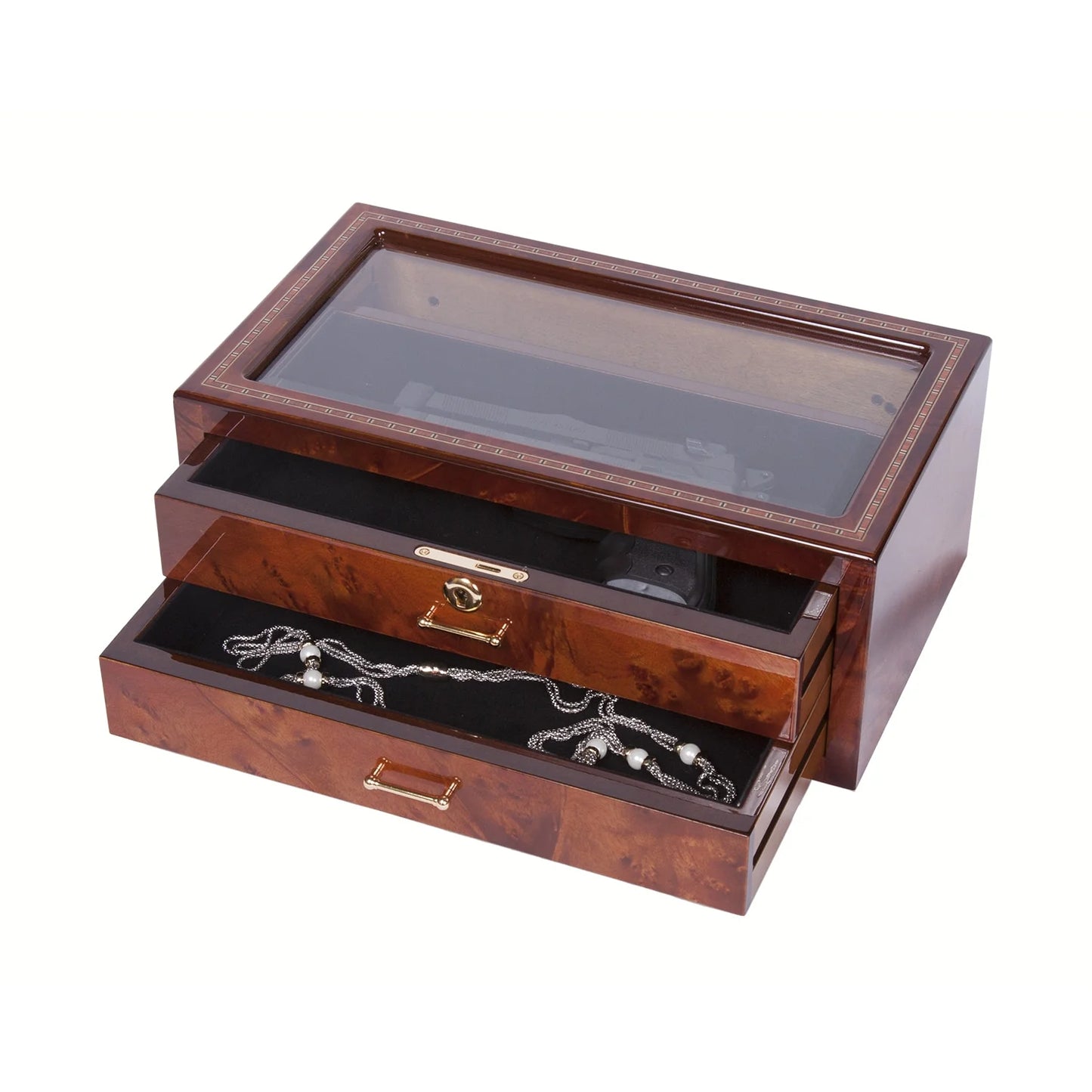 Inlay Wood Veneer Glass 2 Drawer Collector Box