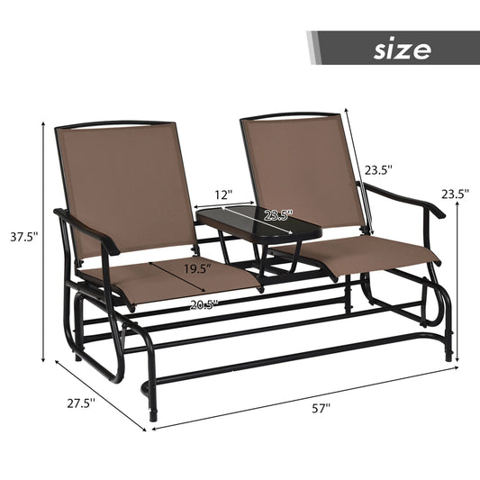 Gymax Patio 2-Person Glider Rocking Char Loveseat Garden w/Tempered Glass Table Brown