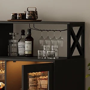 Maritcute Bar Cabinet with Power Outlets, Liquor Cabinet with Led Lights and Glass Holder, Storage Buffet Cabinet Coffee Bar Cabinet for Liquor, Wine Cabinet with Racks, Black