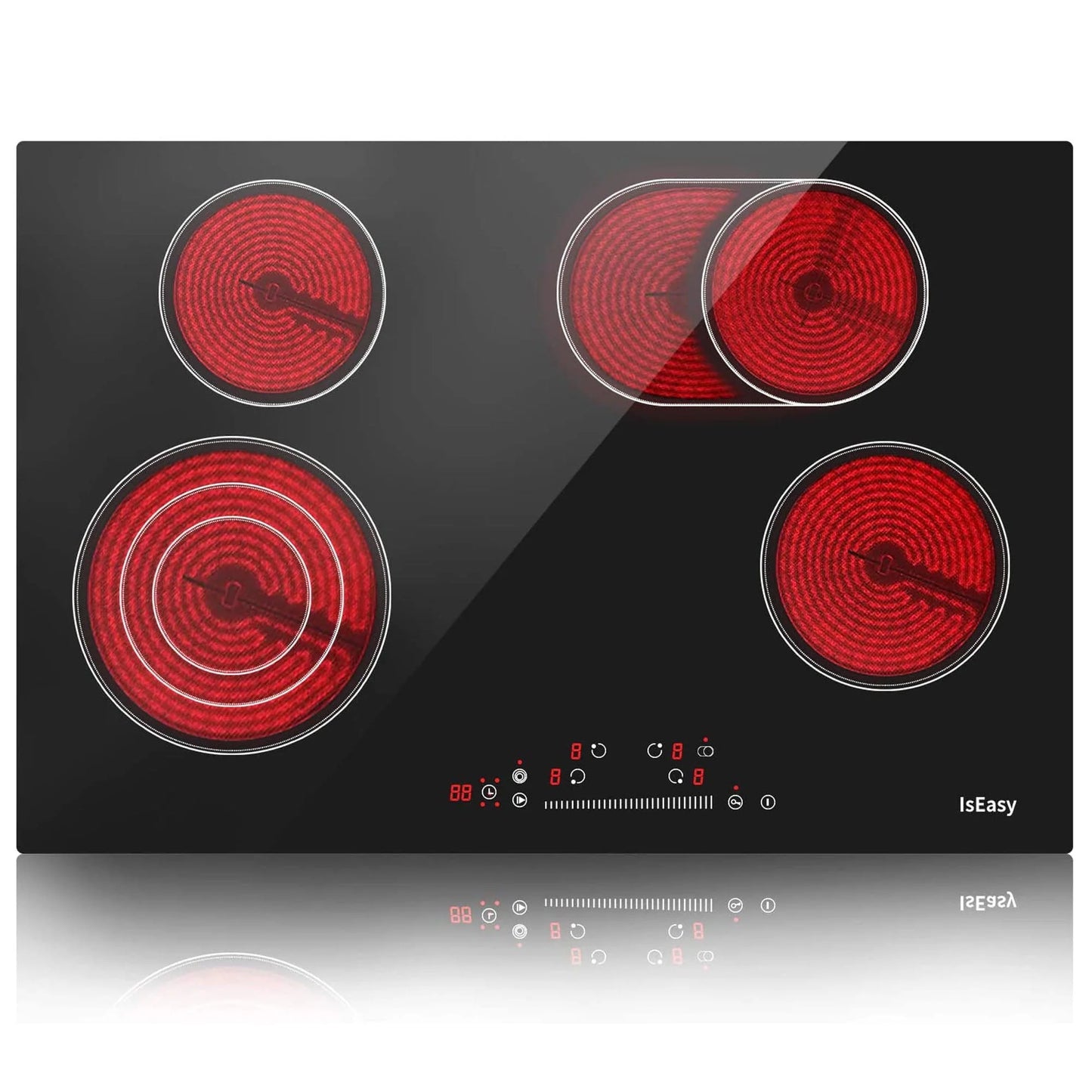 IsEasy Electric Ceramic Cooktop, 30" 4 Burners Built-in Countertop Burners Cooker Satin Glass in Black Touch Sensor Control, Timer, Child Safety Lock, 9 Power Levels, 220-240V 7200W