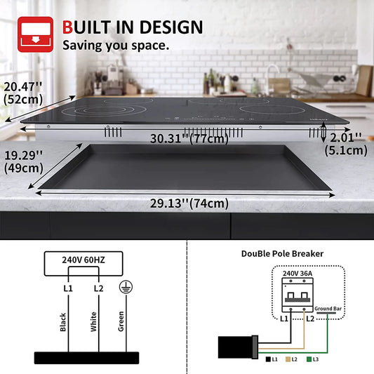 IsEasy Electric Ceramic Cooktop, 30" 4 Burners Built-in Countertop Burners Cooker Satin Glass in Black Touch Sensor Control, Timer, Child Safety Lock, 9 Power Levels, 220-240V 7200W