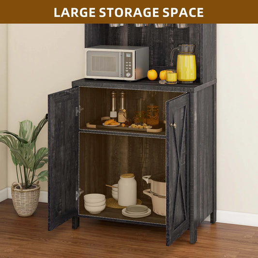DEXTRUS Farmhouse Kitchen Pantry Storage Cabinet with Doors & Glass Holder, Dark Oak