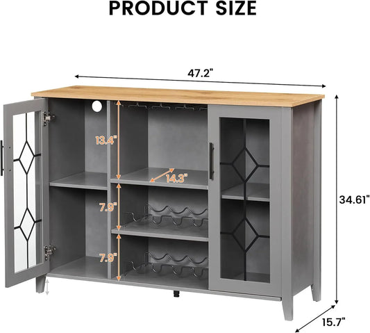 FOLDLIFE Wine Bar Cabinet with LED Lights, Liquor Cabinet Bar with Storage Cabinet, Coffee Cabinet with Bottles and Glass Rack, Buffet Sideboard with Storage Cabinet& Drawers,Dark Grey