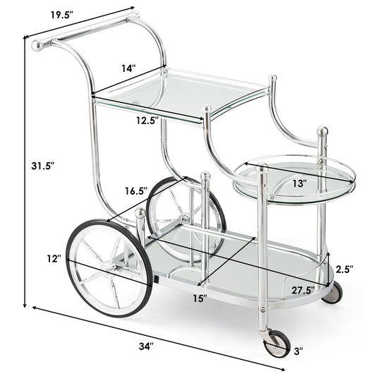 Topbuy Serving Cart Kitchen Bar Wine Tea Cart Glass Shelves with Wheels