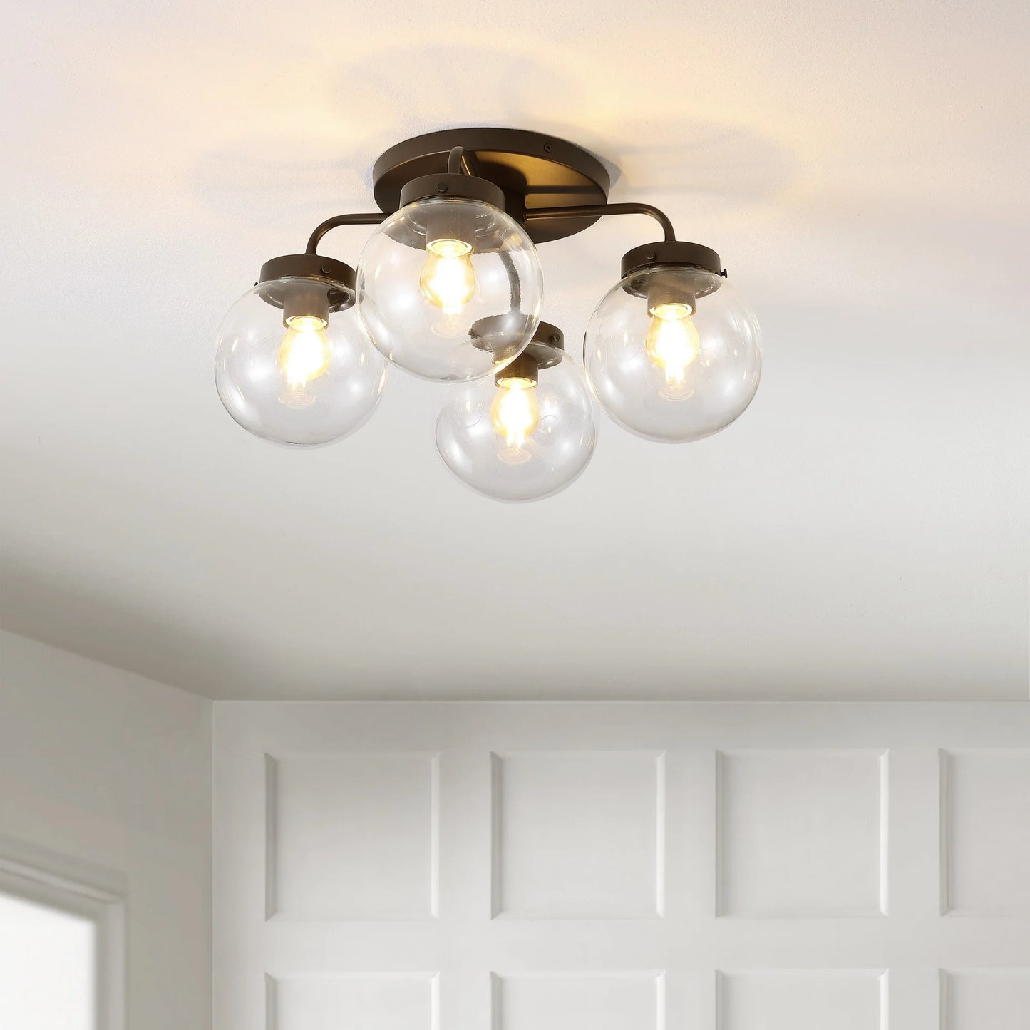 JONATHAN Y Piper 18" 4-Light Farmhouse Rustic Iron/Glass LED Semi Flush Mount, Oil Rubbed Bronze/Clear