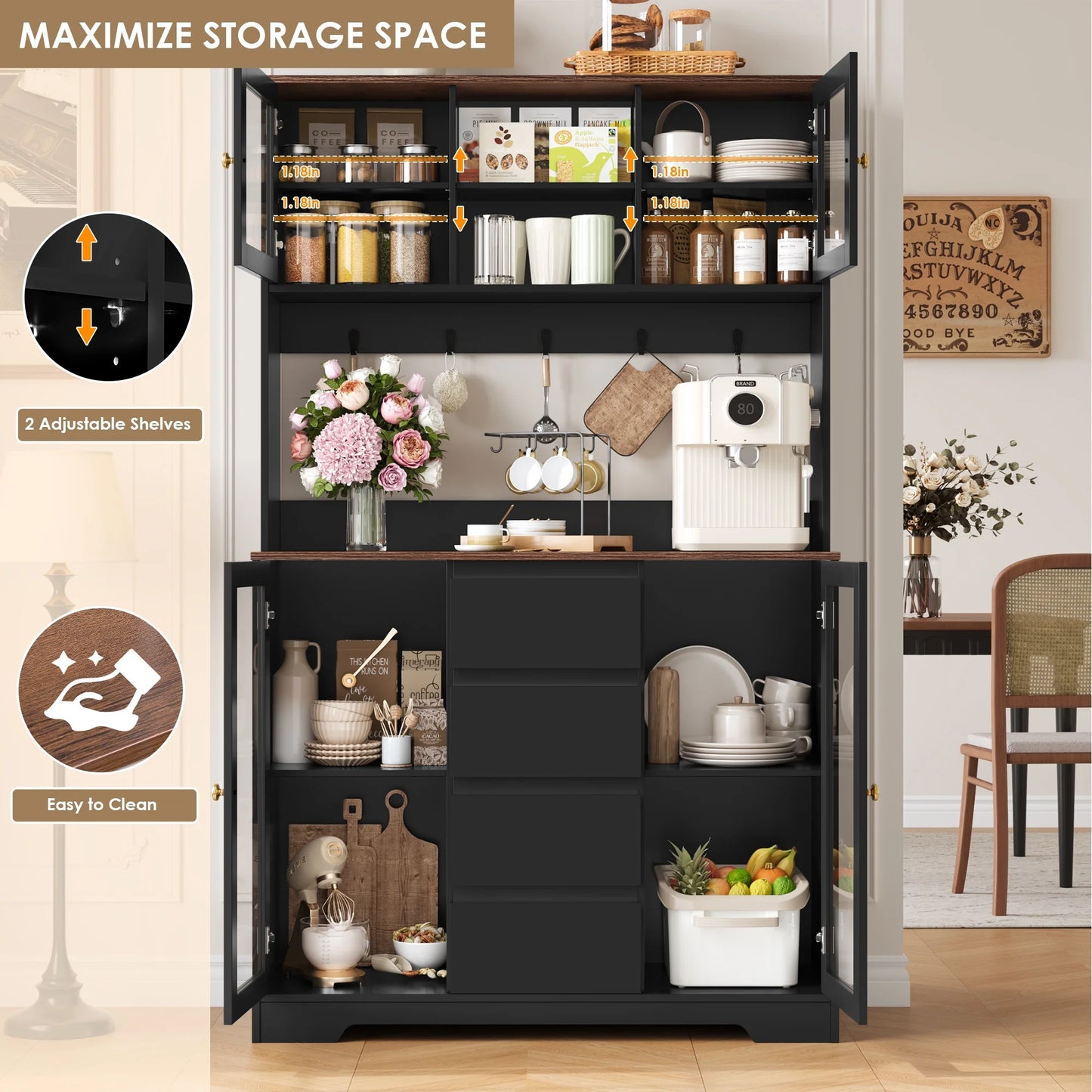 Homfa 71'' Pantry Hutch with Cabinet & Drawers for Kitchen, Glass Doors Storage Cabinet with Adjustable Shelves for Dining Room, Black