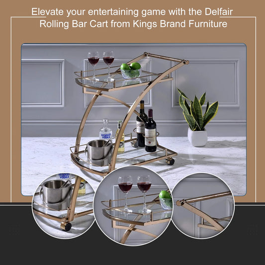 Kings Brand Furniture Metal Rolling Bar Kitchen Serving Cart with 2 Glass Shelves and Wine Holders, Gold