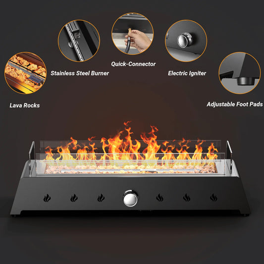 AJ Enjoy 40,000 BTU Tabletop Propane Fire Pit, 28'' Outdoor Rectangle Steel Fireplace with Wind Glass Shield, Laval Rocks