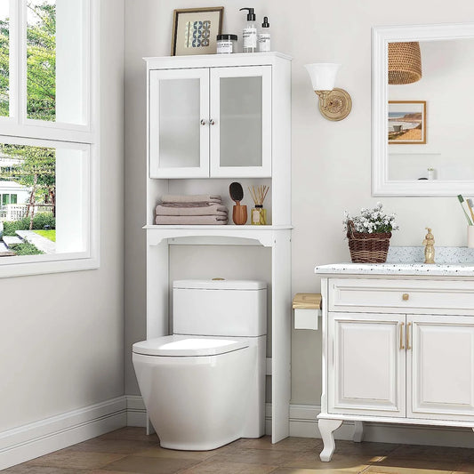 Spirich Over The Toilet Cabinet for Bathroom Storage, Above Toilet Storage Cabinet with Glass Doors, Over Toilet Storage Shelf Organizer, White